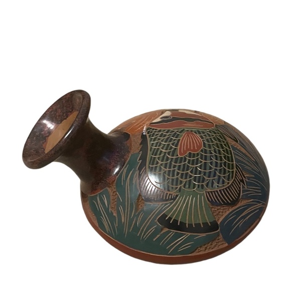 Pair Hand Sculpted Pottery Fish And Bird Vase Hand Tooled - Picture 6 of 15